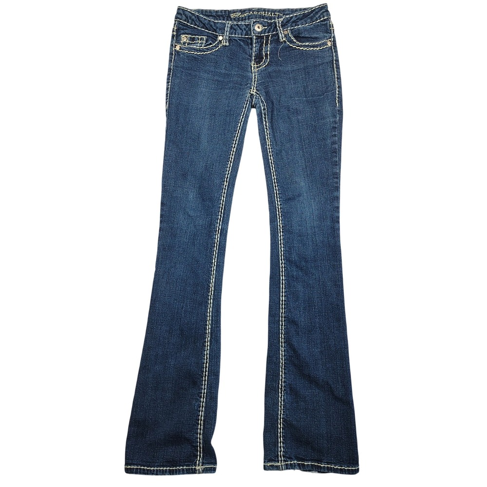 Blue Asphalt Flare Jeans Womens 5 Long Blue Thick Stitch Distressed Denim Cotton